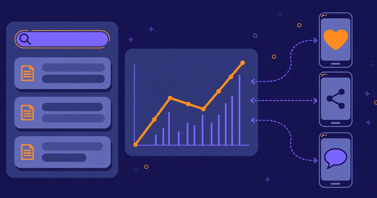 Does social media help SEO: a search results page with a rising chart connected to social media icons on phones