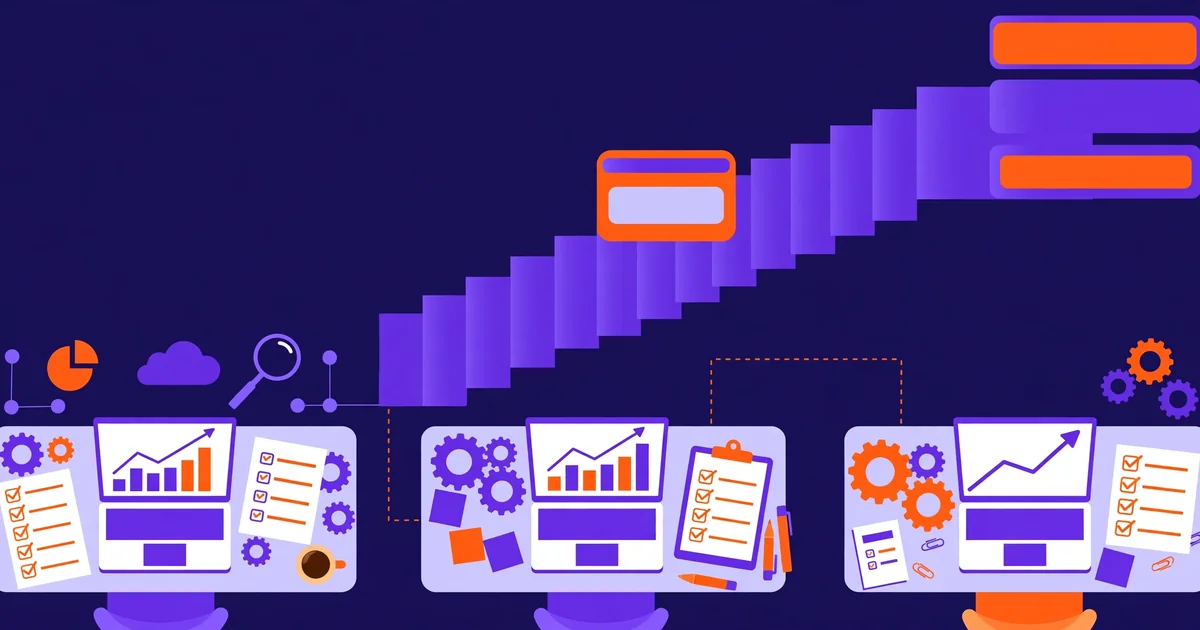 How SEO agencies improve Google rankings: a team workspace with laptops, charts, gears and a website climbing toward the top of search results