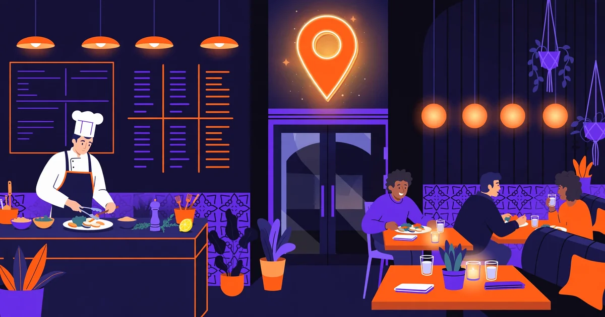Local SEO for restaurants: a warm restaurant interior with a chef plating a dish, diners at tables and a glowing map pin above the entrance