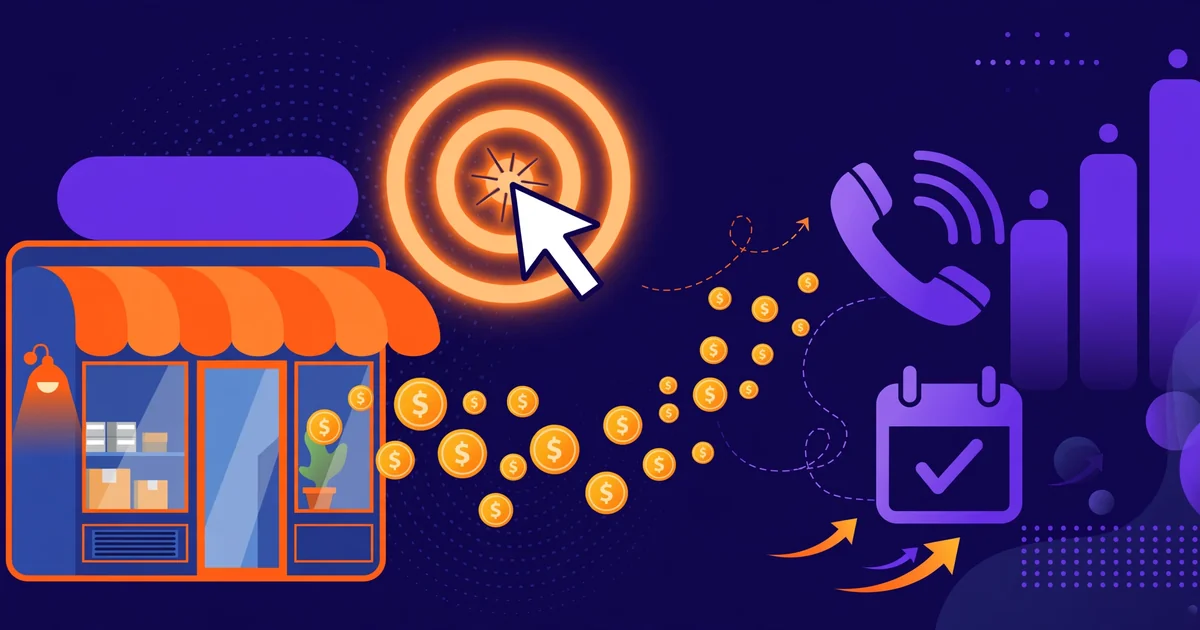 Paid ads strategy for a local business: a storefront with a target, clicks turning into phone calls and bookings