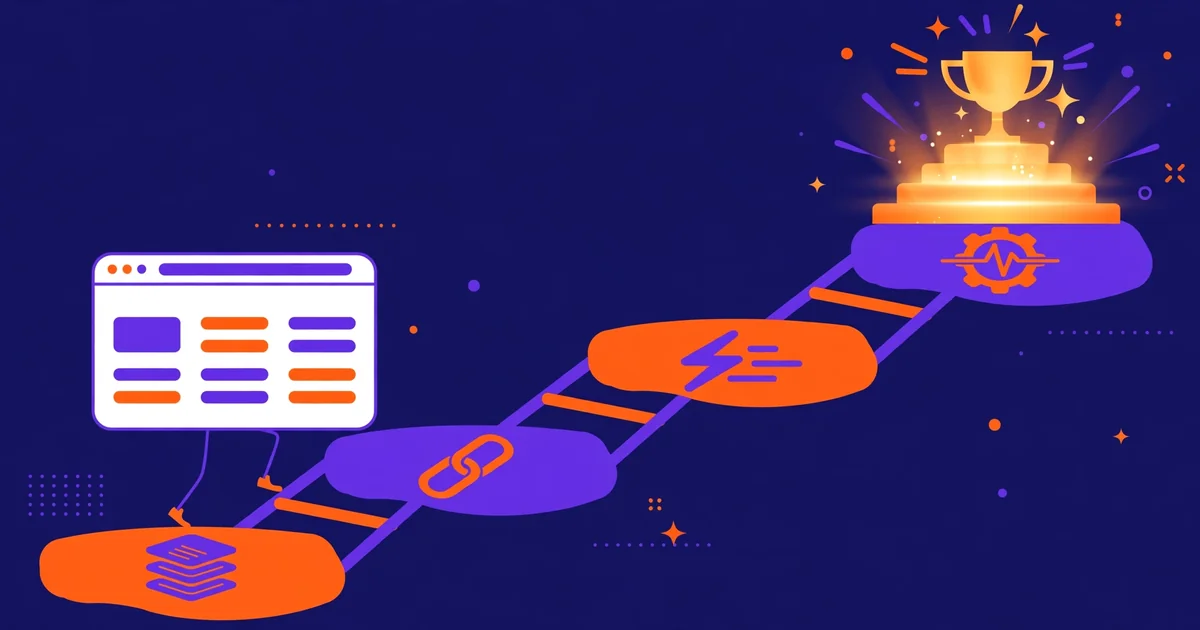 SEO strategies to rank a website on Google: a website climbing stepping stones for content, links, speed and technical health toward the top position