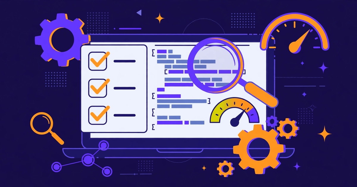 Technical SEO audit checklist: a laptop showing a checklist and code with a magnifying glass, gears and speed gauges