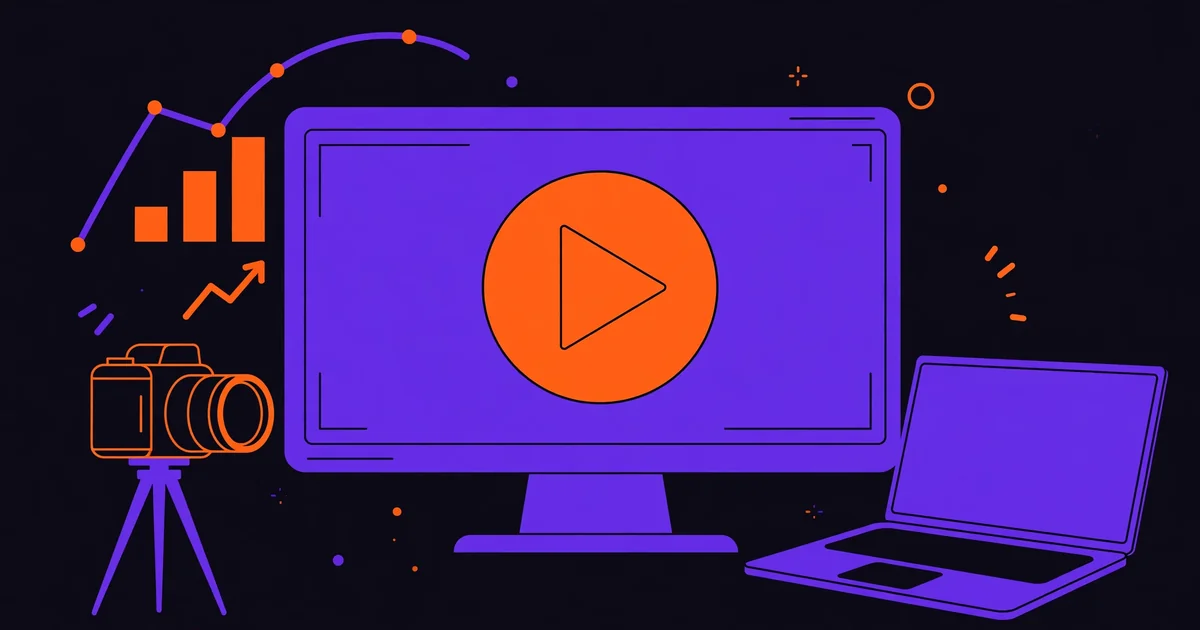 Video SEO guide: a video play button on a screen beside a rising search ranking chart, a camera on a tripod and a laptop